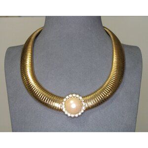 Vintage Gold-Tone Collar Necklace With Faux Pearl & Rhinestone Accent